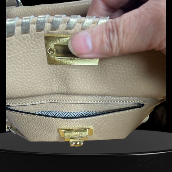 Steve Madden Blennon Cream Peebled Leather Studded Whipstitch Satchel Handbag - Picture 9 of 11